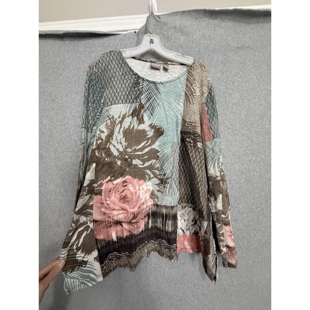 Chico's Shirt Womens 2 Multicolor Floral Patchwork Crinkle Tunic Top Long Sleeve